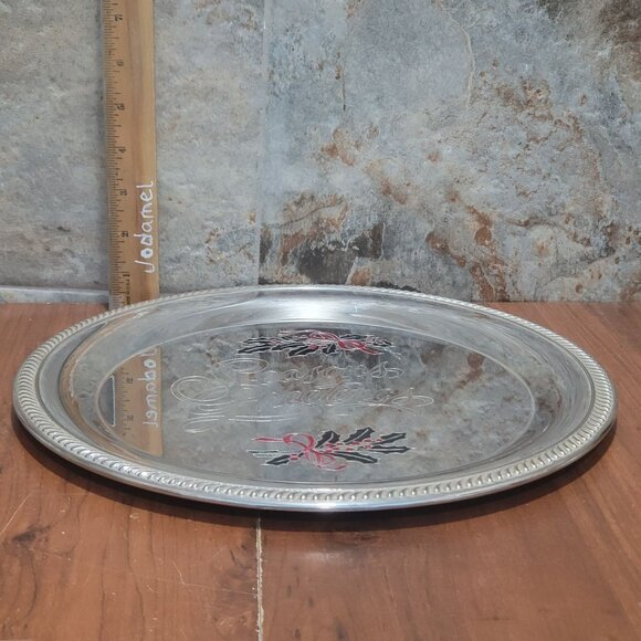 International Silver Plated Seasons Greetings Metal Serving Platter Holly Berrie - Picture 9 of 14